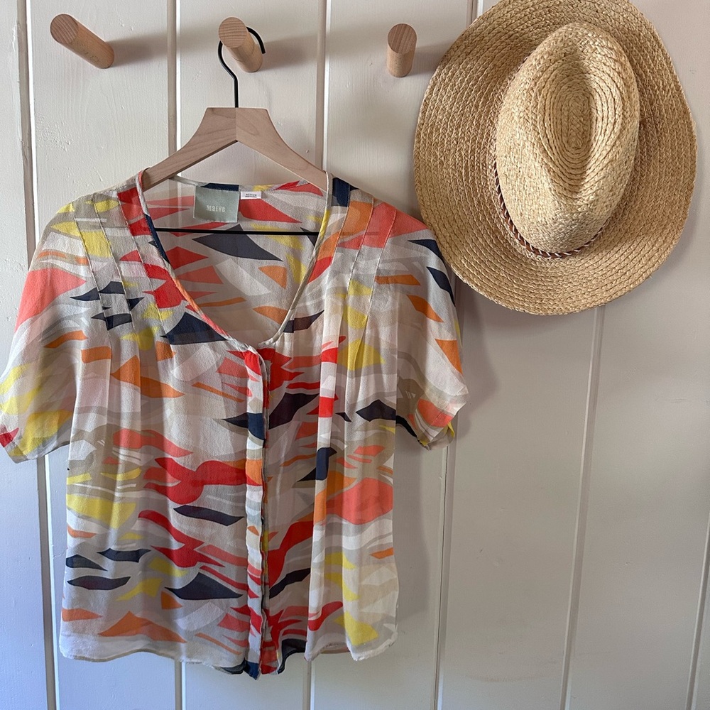 Silk Maeve Pink and Yellow Short Sleeve Blouse
